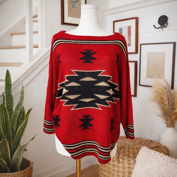 Chaps Sweaters - Chaps Linen Blend Southwestern Tribal Red Sweater L